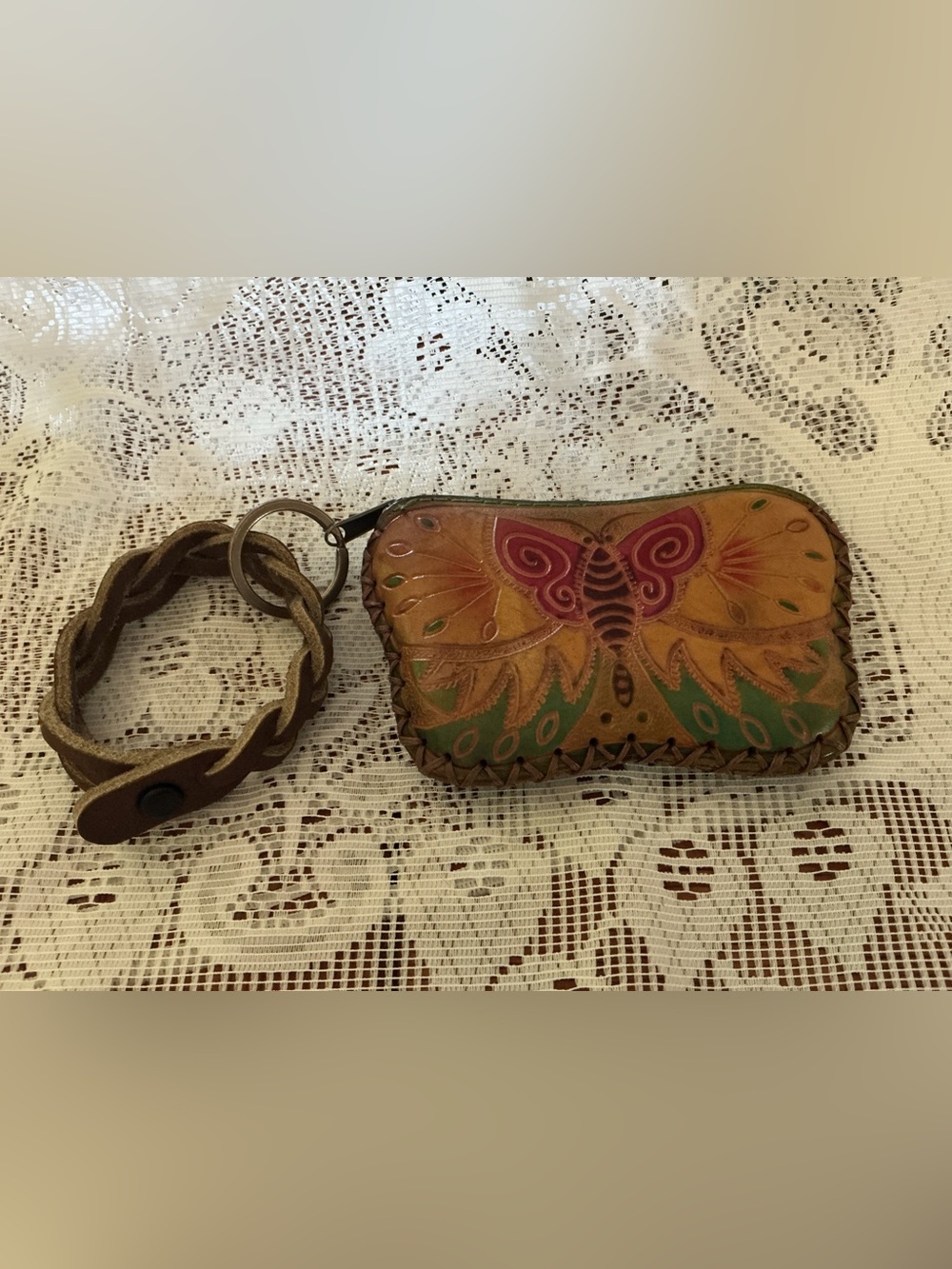 Handmade Brown Leather Butterfly Wristlet Coin Purse